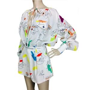 Picasso Abstract Art Face Print Balloon Sleeve Keyhole Shorts Romper Medium